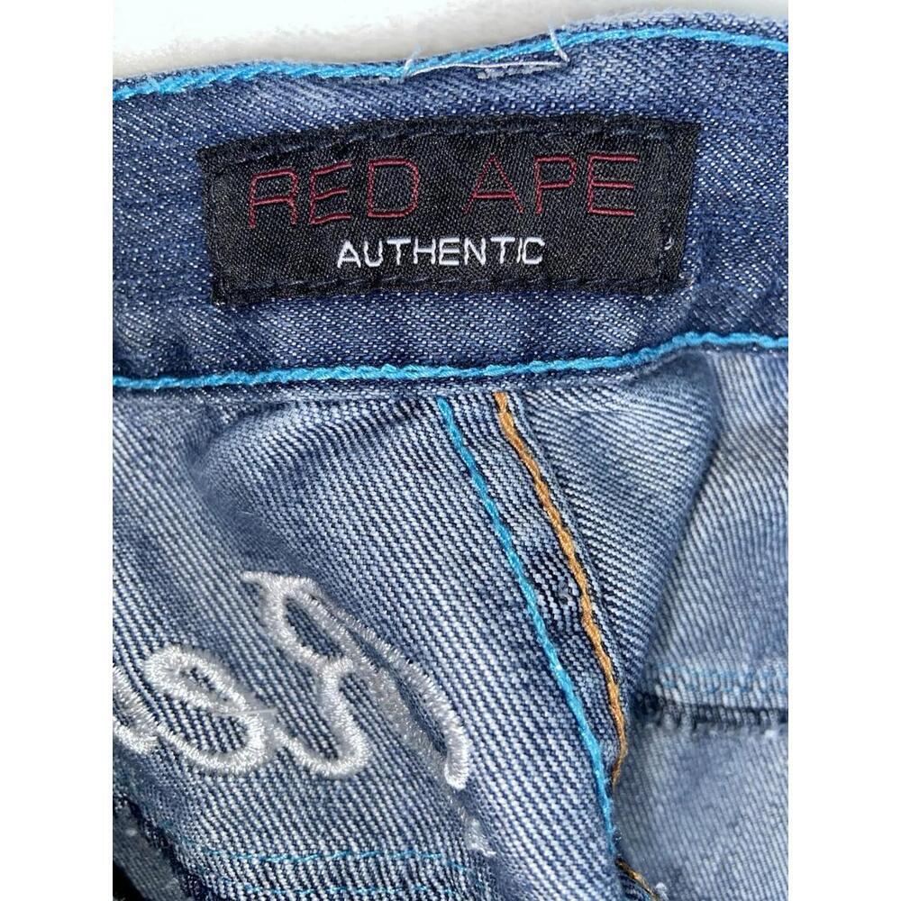 Vintage Y2K Red Ape Embroidered Denim Jean Shorts Size 38 Baggy Hip Hop Plaid - Picture 7 of 16